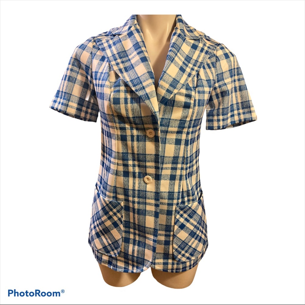 -
Vintage 60s Alex Colman blue/white plaid short sleeve blazer